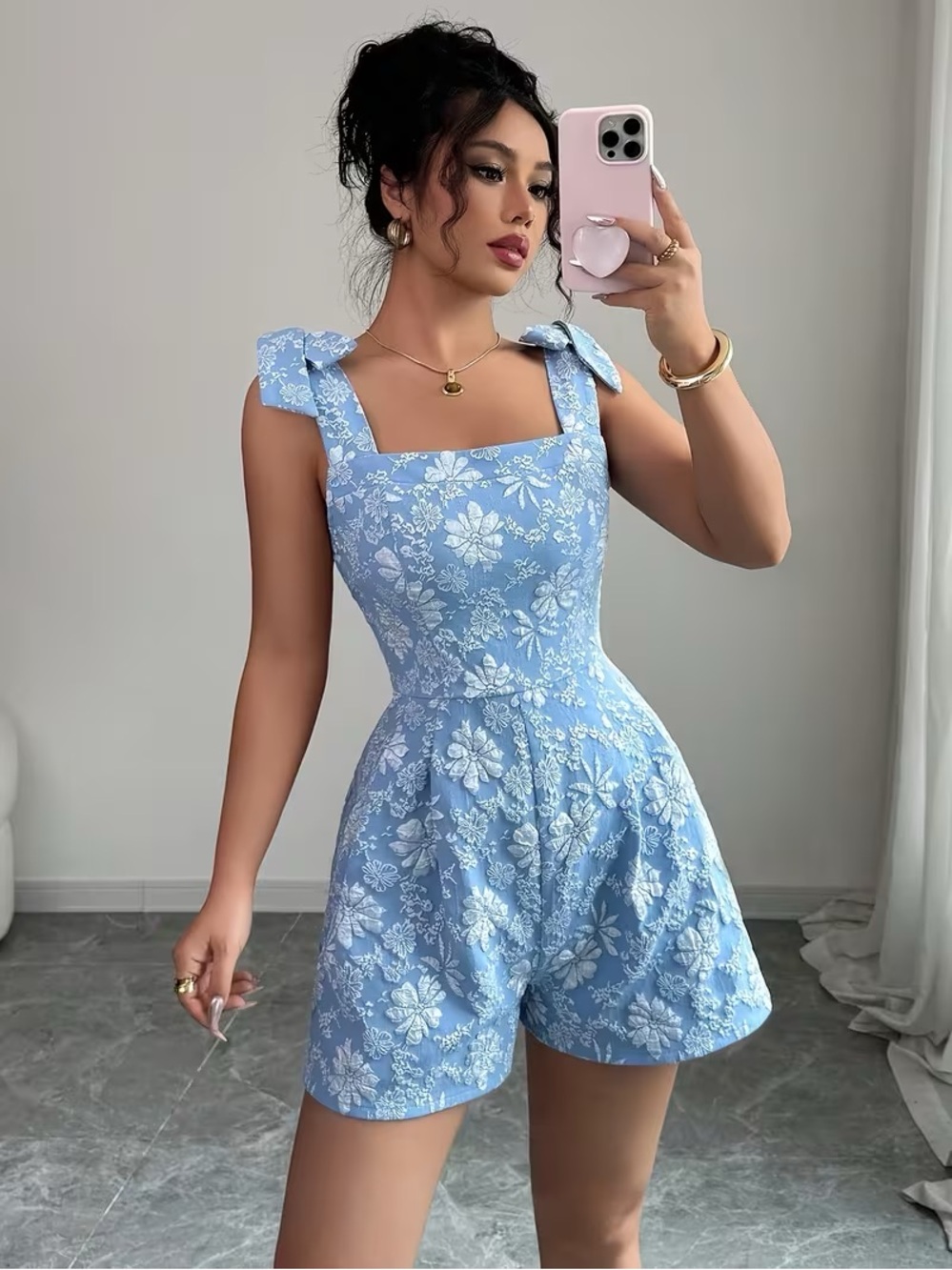 Layla Light Blue Floral Tie-Shoulder Romper